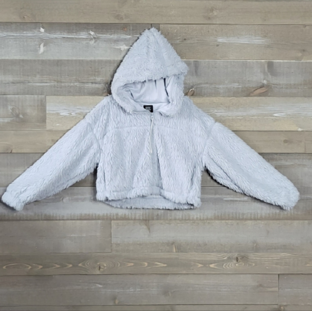 BDG Urban Outfitters Light Blue Cropped Super Soft Sherpa Zip-Up Teddy H…
